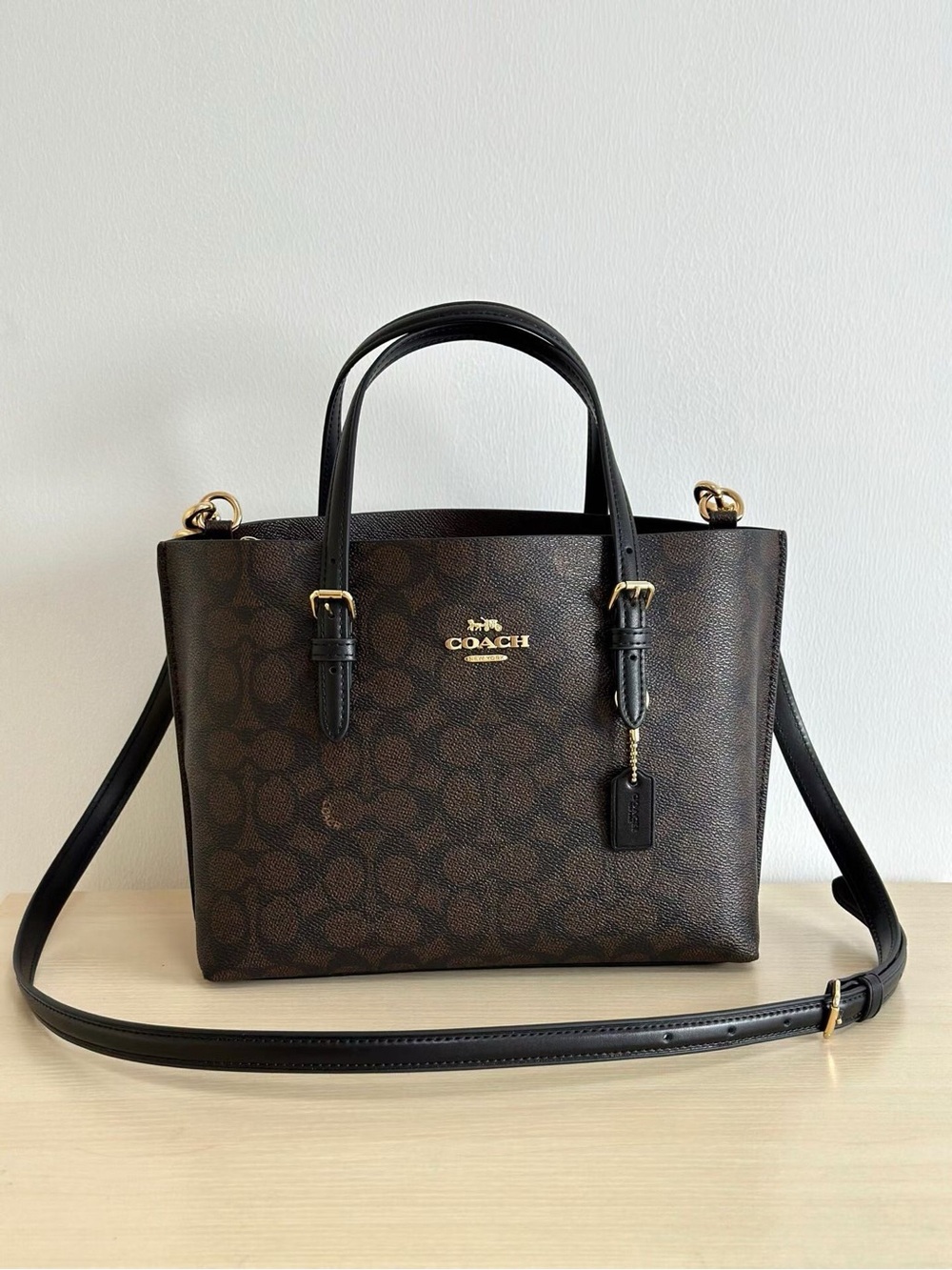 Coach Brown and Black Signature Small Tote with Crossbody Strap